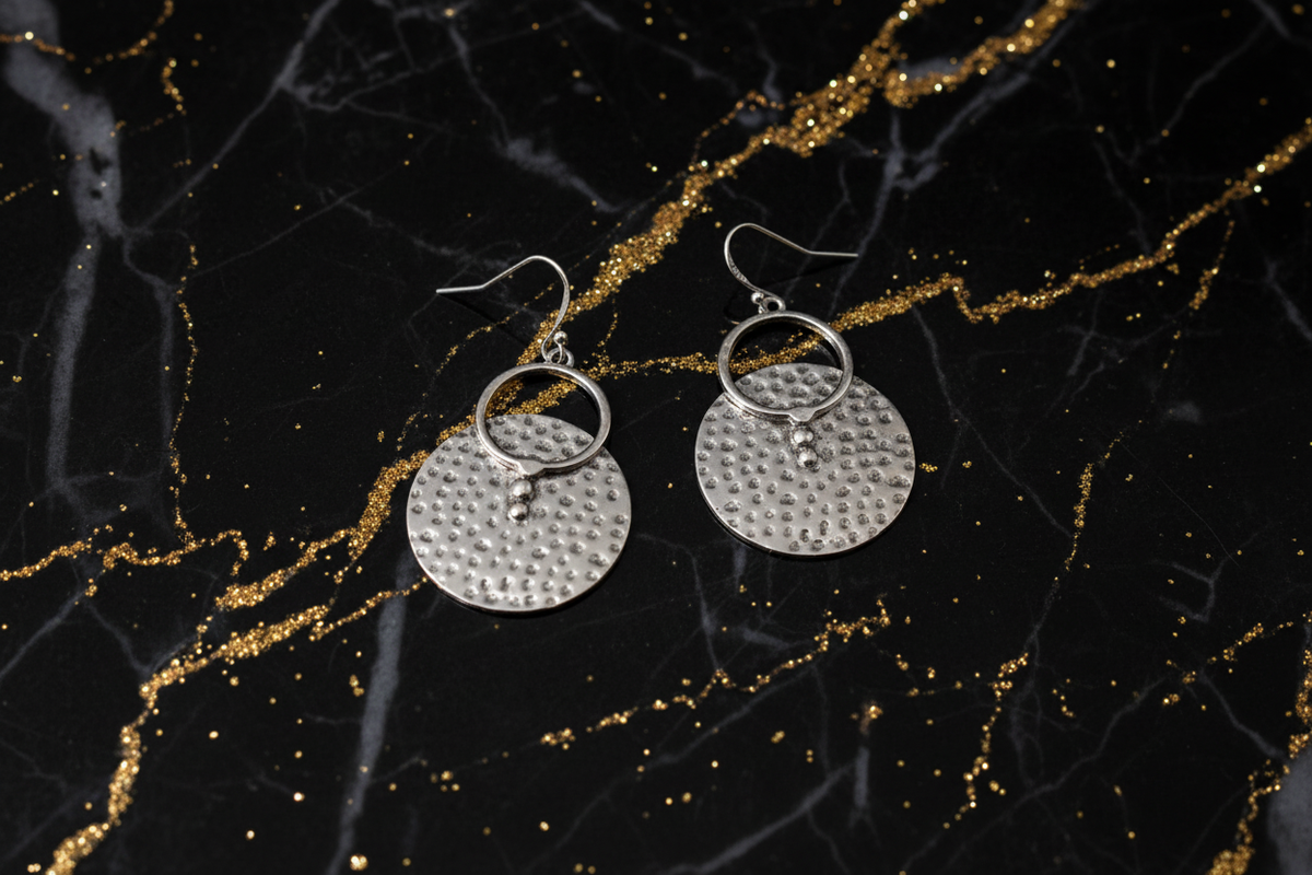 Silver Hammered Disc Earrings - Black and Gold Marble