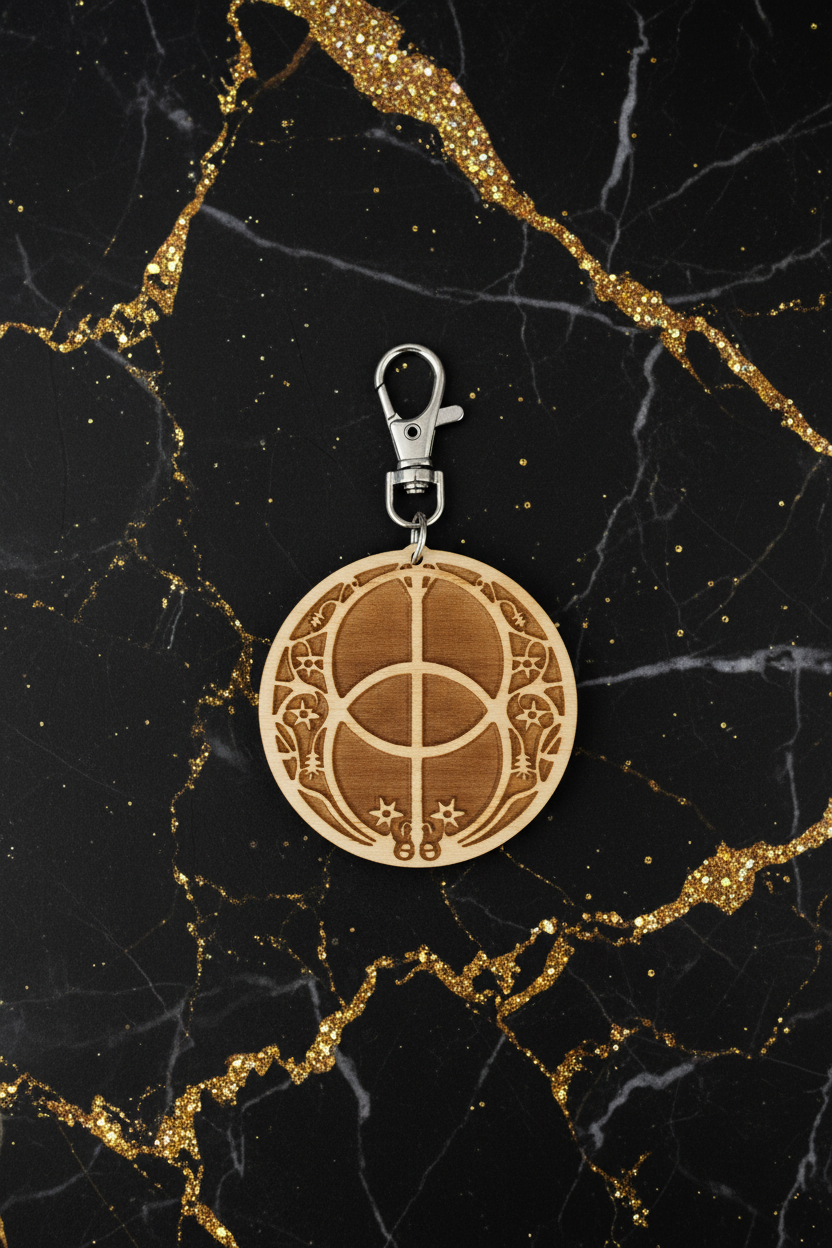 Vesica Piscis Chalice Well Keyring - Black and Gold Marble