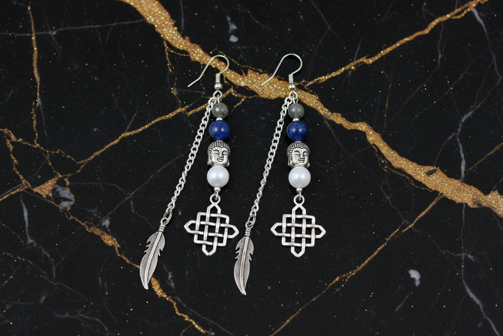 Celtic Knot Buddha Feather Earrings - Pair