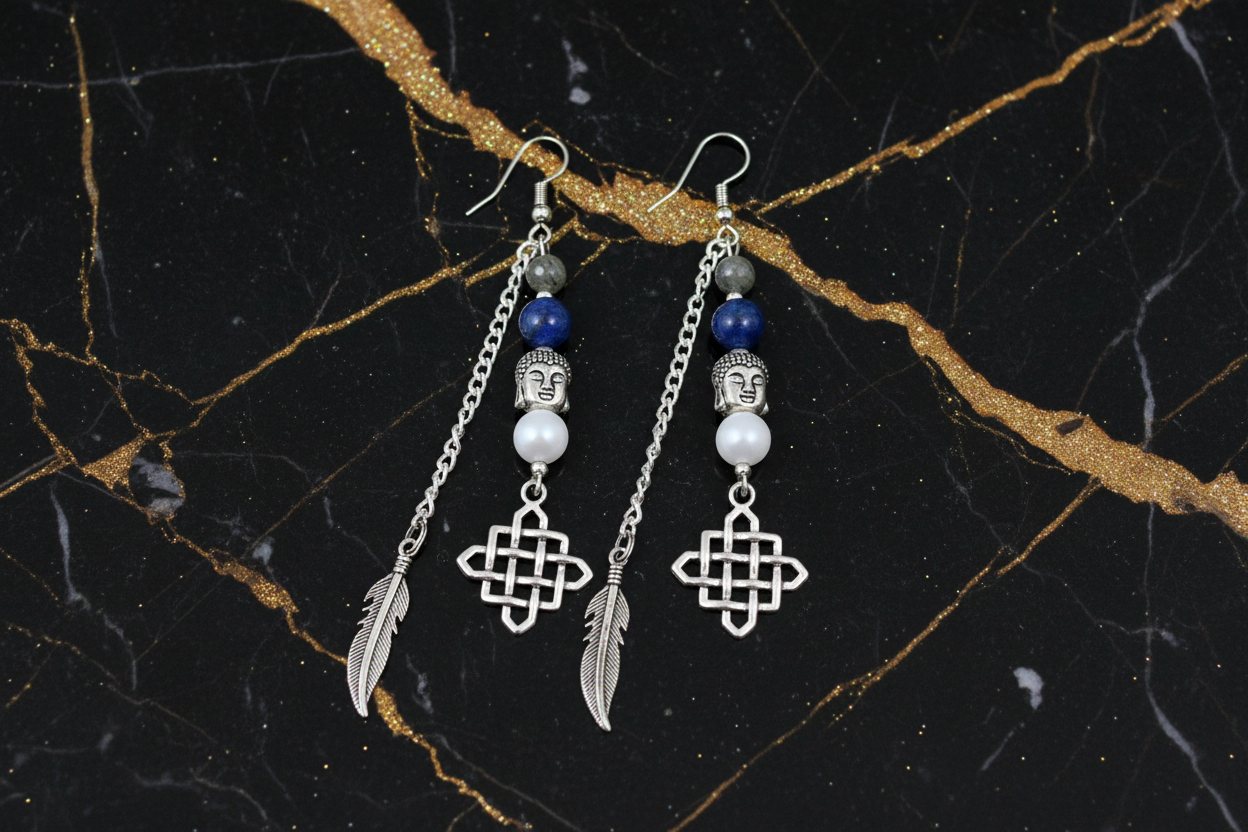 Celtic Knot Buddha Feather Earrings - Pair
