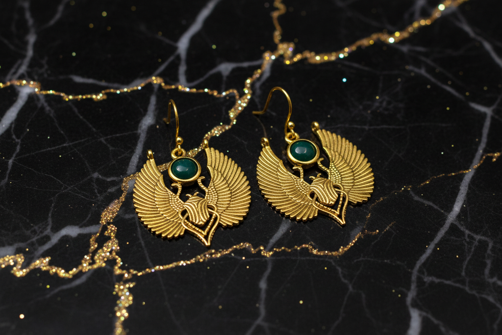 Egyptian Winged Scarab Earrings - Black and Gold Marble