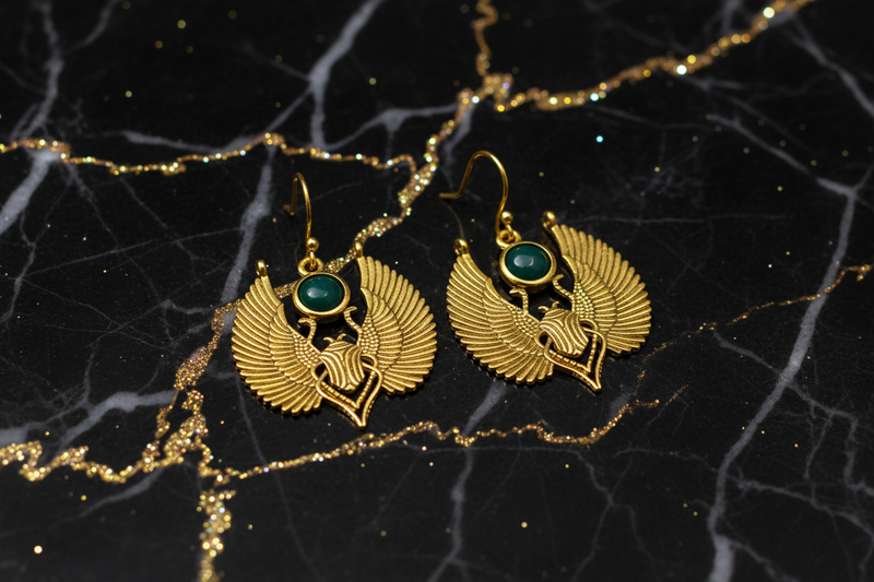 Egyptian Winged Scarab Earrings - Black and Gold Marble