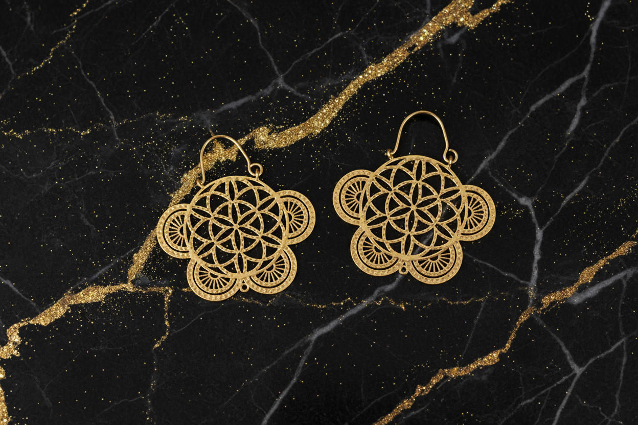 Ornate Earrings - Glittery Black and Gold Marble