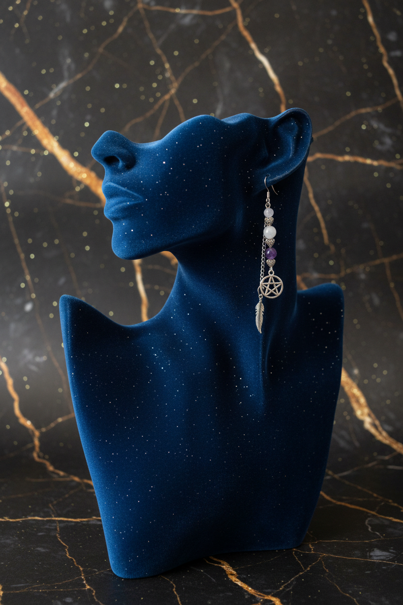 Pentacle Earrings on Complete Velvet Mannequin Head