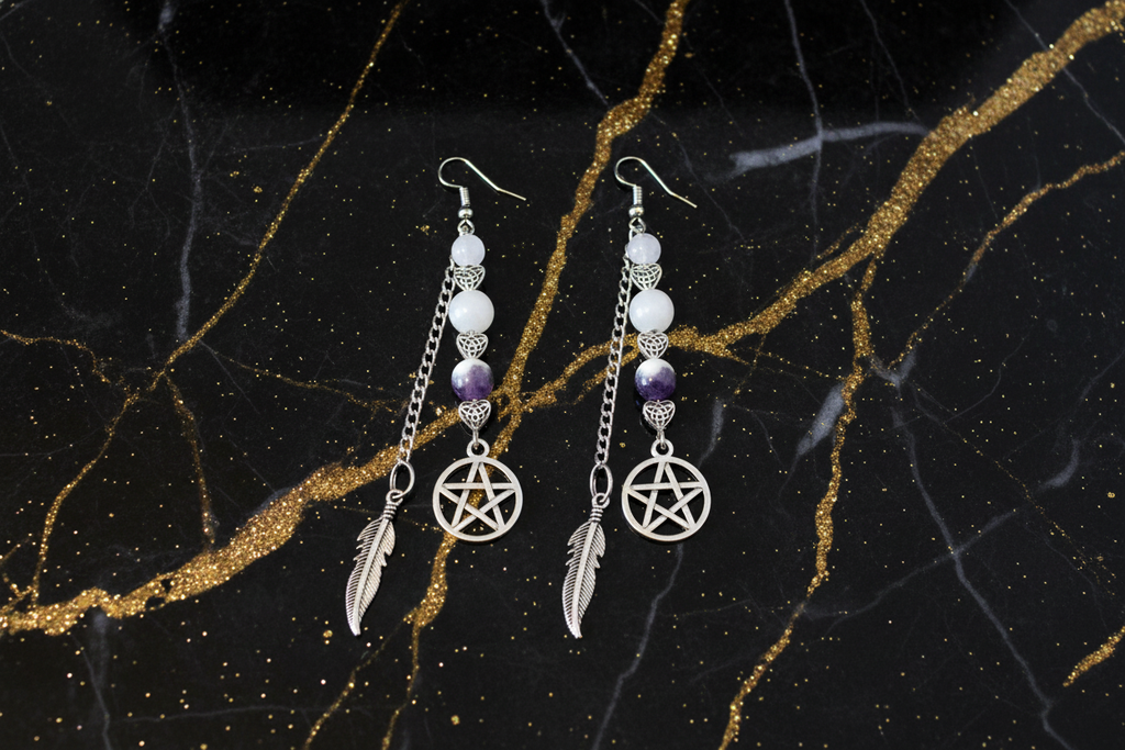 Pentacle Earrings Pair - Black and Gold Marble