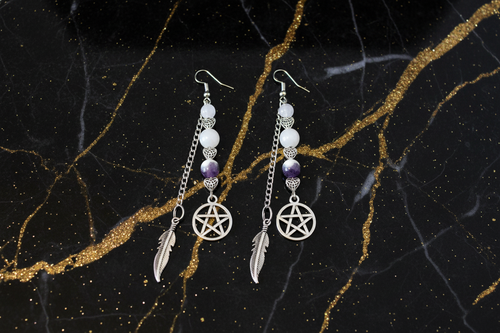 Pentacle Earrings Pair - Black and Gold Marble