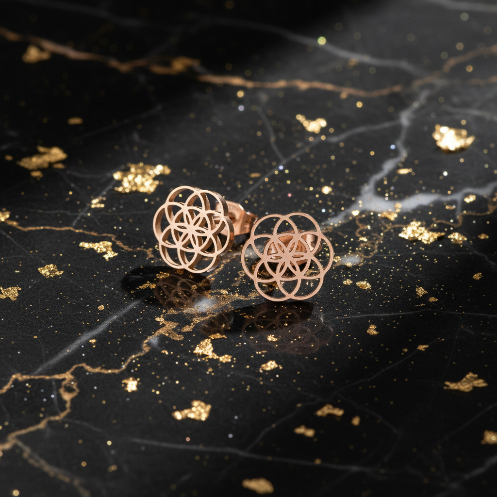 Seed Of Life Earrings - Glittery Gold and Black Marble